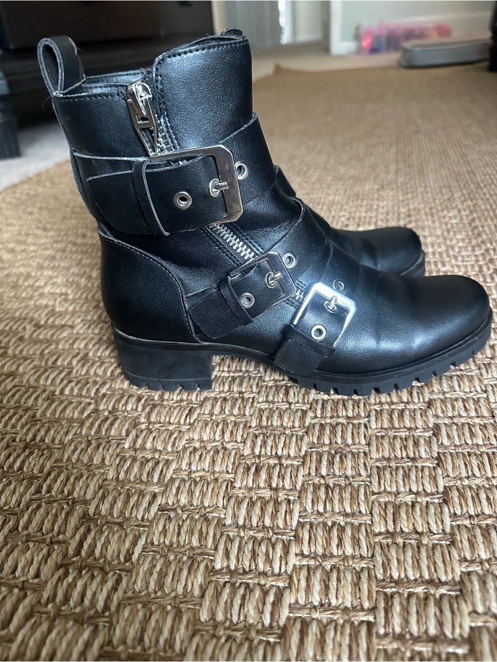 Dolce Vita Black Leather Buckle Combat Booties